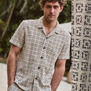 Marine Layer Mens Cam Jacquard Short Sleeve Resort Shirt Beige Coastal Comfort L